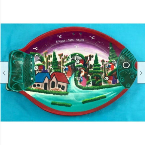 Mexican Fish Shape Hand Painted Decorative 14" Platter Plate Riviera Maya Mexico - Picture 1 of 5